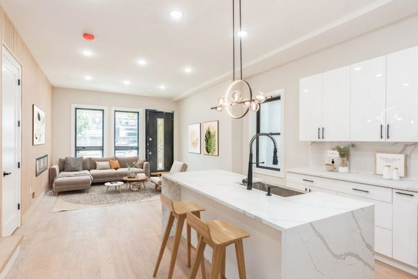 Interior, Kitchen, Living room, Pendant Lights, Recessed Lighting, Wood Texture Flooring