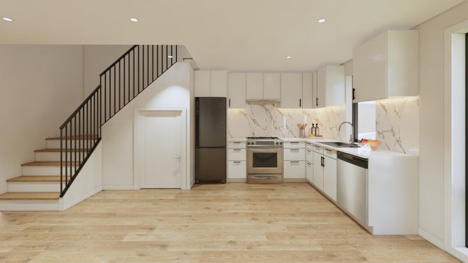 Interior, Kitchen, Marble Walls, Recessed Lighting, Stainless Steel Appliances, Wood Texture Flooring