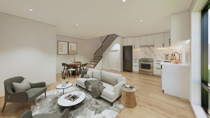 Dining room, Interior, Kitchen, Living room, Marble Walls, Recessed Lighting, Stainless Steel Appliances, Wood Texture Flooring