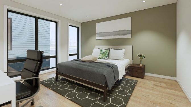 Bedroom, Interior, Recessed Lighting, Wood Texture Flooring