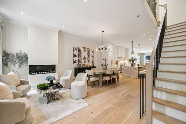 Dining room, Fireplace, Interior, Kitchen, Living room, Pendant Lights, Recessed Lighting, Wood Texture Flooring