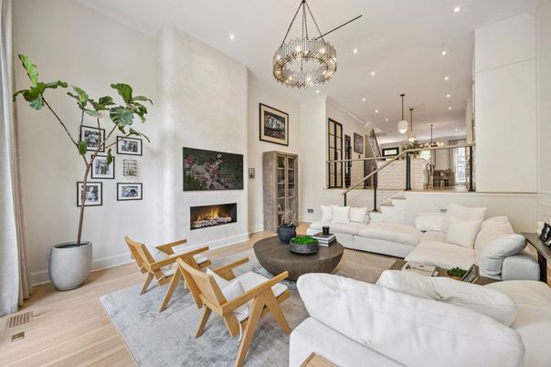 Fireplace, Interior, Living room, Pendant Lights, Recessed Lighting, Wood Texture Flooring