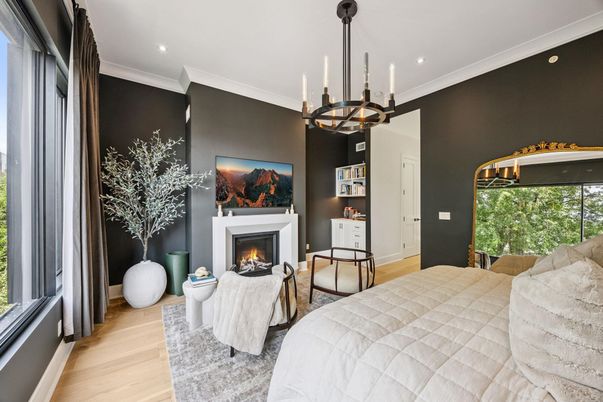 Bedroom, Chandelier, Fireplace, Interior, Pendant Lights, Recessed Lighting, Wood Texture Flooring