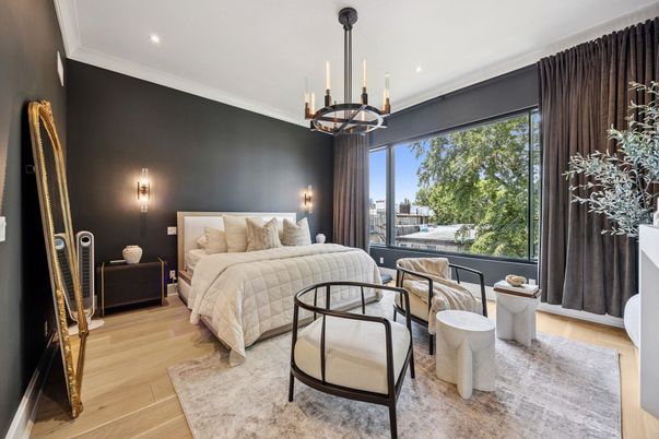 Bedroom, Interior, Pendant Lights, Recessed Lighting, Wood Texture Flooring