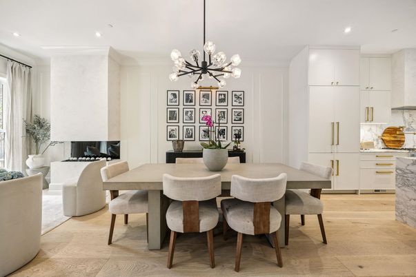 Dining room, Interior, Living room, Pendant Lights, Recessed Lighting, Wood Texture Flooring