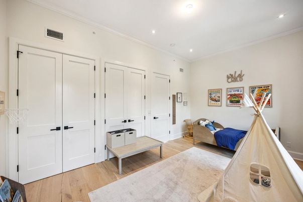 Bedroom, Interior, Recessed Lighting, Wood Texture Flooring