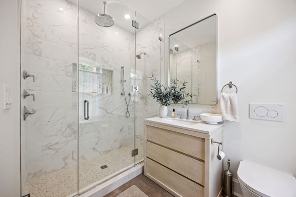 Bathroom, Glass Shower, Interior, Marble Walls, Recessed Lighting