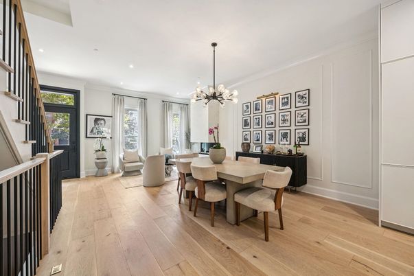 Dining room, Interior, Living room, Pendant Lights, Recessed Lighting, Wood Texture Flooring