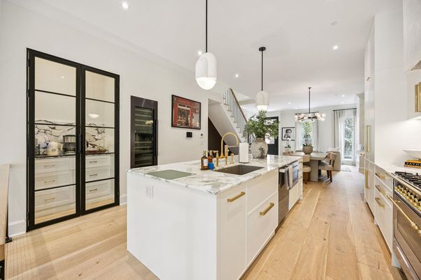 Dining room, Interior, Kitchen, Pendant Lights, Recessed Lighting, Stainless Steel Appliances, Wood Texture Flooring