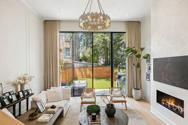 Fireplace, Interior, Living room, Pendant Lights, Recessed Lighting, Wood Texture Flooring