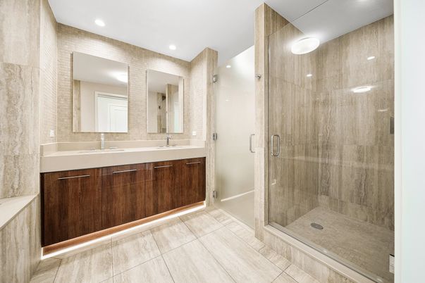 Bathroom, Dual Sink Vanities, Glass Shower, Interior, Recessed Lighting