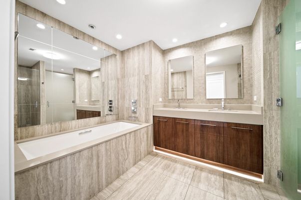 Bathroom, Dual Sink Vanities, Glass Shower, Interior, Recessed Lighting
