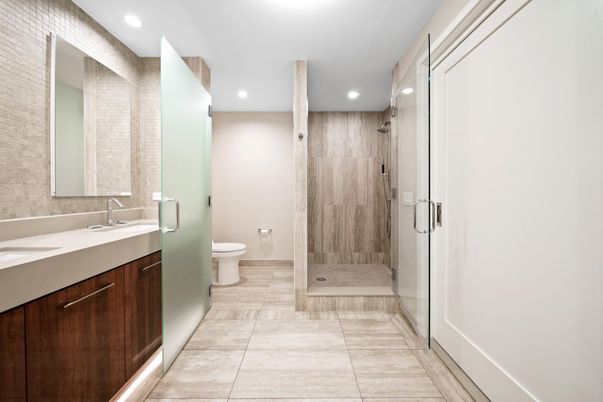 Bathroom, Dual Sink Vanities, Glass Shower, Interior, Recessed Lighting