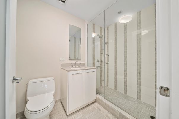 Bathroom, Glass Shower, Interior, Wood Texture Flooring