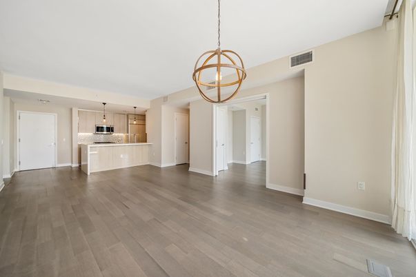 Chandelier, Empty room, Interior, Kitchen, Pendant Lights, Wood Texture Flooring