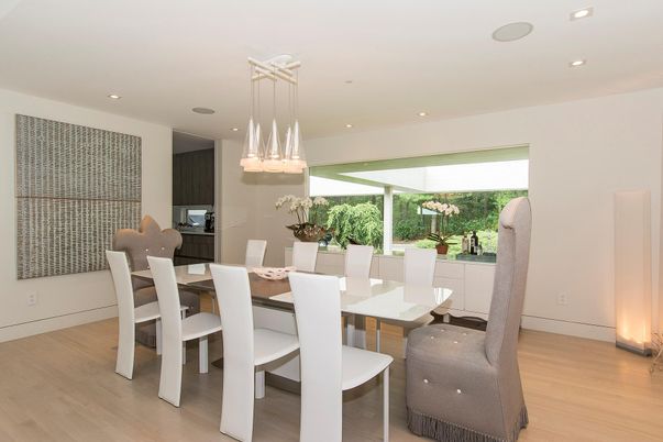 Dining room, Interior, Pendant Lights, Recessed Lighting, Wood Texture Flooring