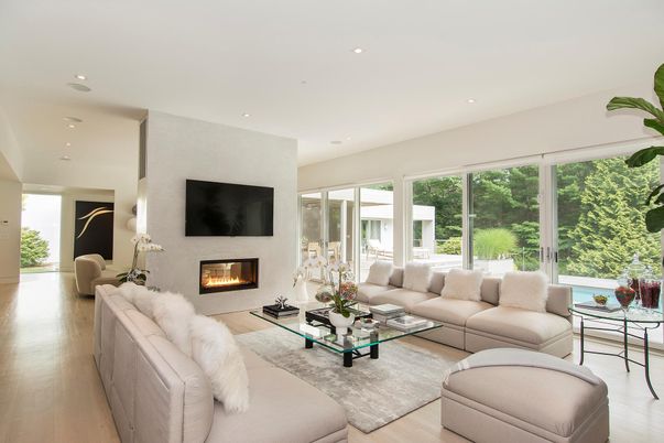 Fireplace, Interior, Living room, Recessed Lighting, Wood Texture Flooring