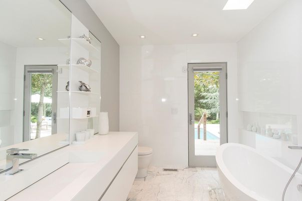 Bathroom, Free Standing Baths, Glass Shower, Interior, Marble, Recessed Lighting