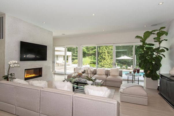 Fireplace, Interior, Living room, Recessed Lighting, Wood Texture Flooring
