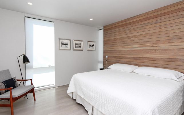 Bedroom, Interior, Recessed Lighting, Wood Texture Flooring, Wooden Walls