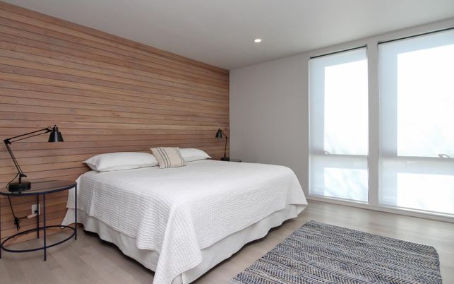 Bedroom, Interior, Recessed Lighting, Wood Texture Flooring, Wooden Walls