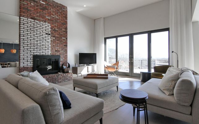 Fireplace, Interior, Living room, Recessed Lighting, Stone Walls