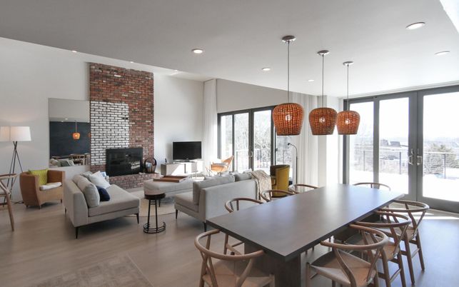 Dining room, Fireplace, Interior, Living room, Pendant Lights, Recessed Lighting, Stone Walls, Wood Texture Flooring