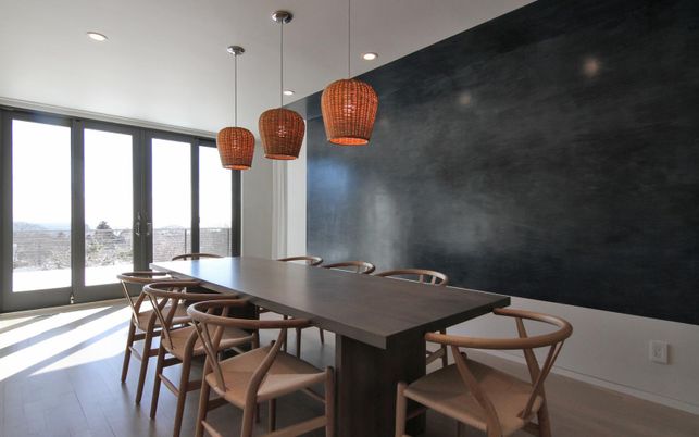 Dining room, Interior, Pendant Lights, Recessed Lighting, Wood Texture Flooring
