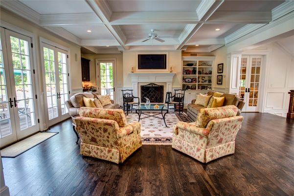 Fireplace, Interior, Living room, Recessed Lighting, Wood Texture Flooring