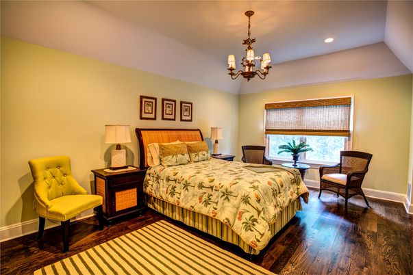 Bedroom, Chandelier, Interior, Recessed Lighting, Wood Texture Flooring