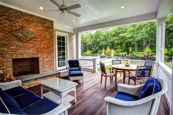 Exterior, Fireplace, Stone Walls, Wood Texture Flooring