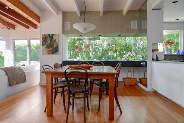 Dining room, Interior, Pendant Lights, Wooden Beams, Wood Texture Flooring