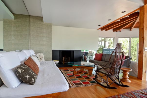 Bedroom, Fireplace, Interior, Living room, Recessed Lighting, Wooden Beams, Wood Texture Flooring