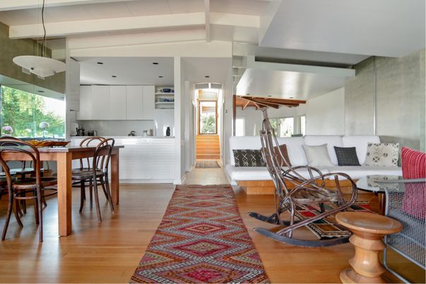 Dining room, Fireplace, Interior, Kitchen, Pendant Lights, Wood Texture Flooring
