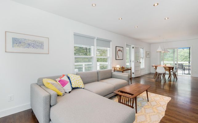 Dining room, Interior, Living room, Pendant Lights, Recessed Lighting, Wood Texture Flooring