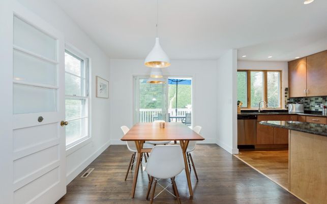 Dining room, Interior, Kitchen, Pendant Lights, Recessed Lighting, Wood Texture Flooring