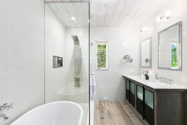 Bathroom, Dual Sink Vanities, Free Standing Baths, Glass Shower, Interior, Recessed Lighting, Wooden Ceilings, Wood Texture Flooring
