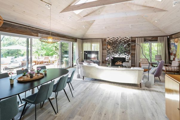 Chandelier, Dining room, Fireplace, Interior, Living room, Pendant Lights, Recessed Lighting, Wooden Ceilings, Wood Texture Flooring