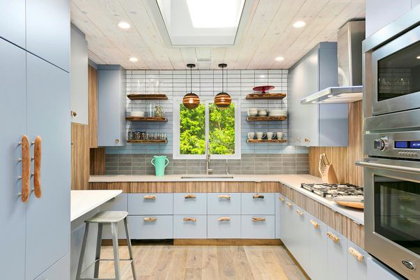 Interior, Kitchen, Pendant Lights, Recessed Lighting, Stainless Steel Appliances, Wooden Ceilings, Wood Texture Flooring
