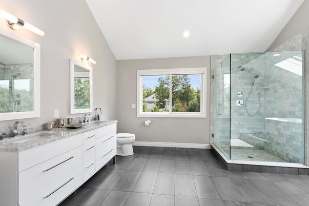 Bathroom, Dual Sink Vanities, Glass Shower, Interior, Marble Walls, Recessed Lighting