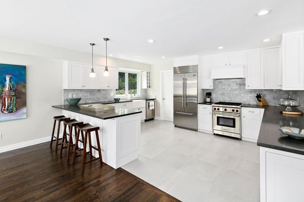 Interior, Kitchen, Pendant Lights, Recessed Lighting, Stainless Steel Appliances, Wood Texture Flooring
