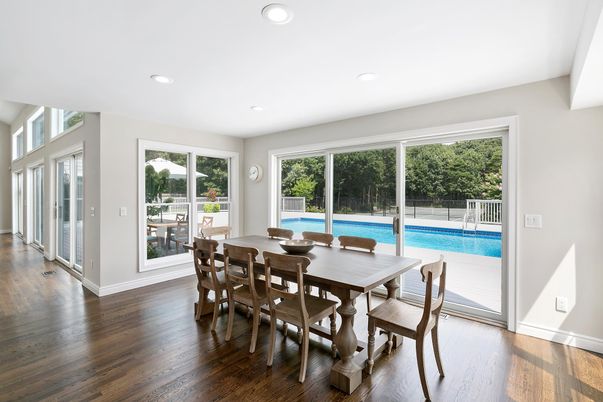 Dining room, Interior, Recessed Lighting, Wood Texture Flooring