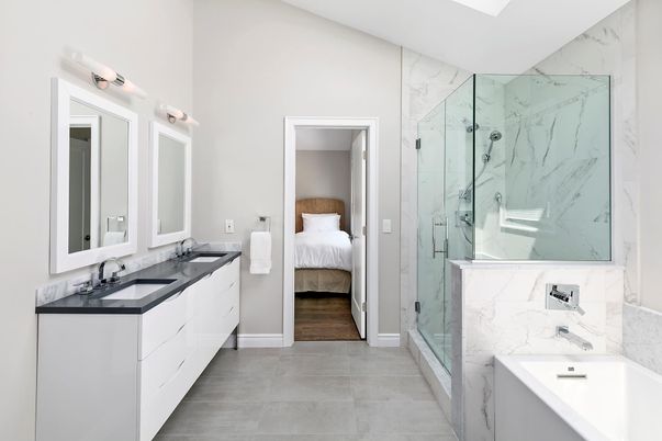 Bathroom, Bedroom, Dual Sink Vanities, Glass Shower, Interior, Marble Walls, Wood Texture Flooring