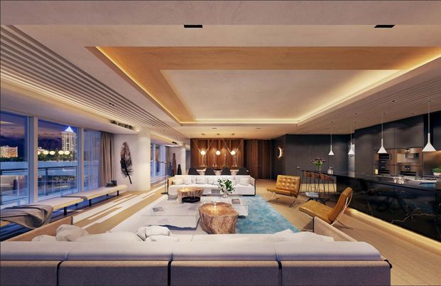 Dining room, Interior, Living room, Pendant Lights, Recessed Lighting, Wood Texture Flooring