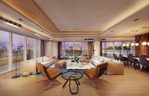 Dining room, Interior, Living room, Pendant Lights, Recessed Lighting, Wood Texture Flooring