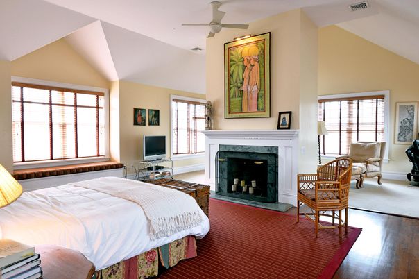 Bedroom, Fireplace, Interior, Wood Texture Flooring