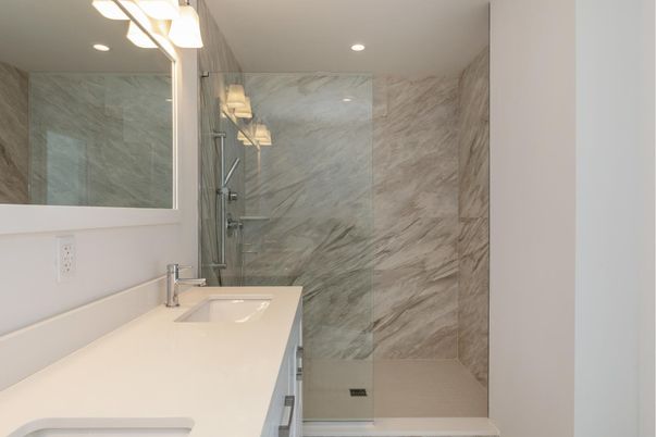 Bathroom, Glass Shower, Interior, Marble Walls, Recessed Lighting