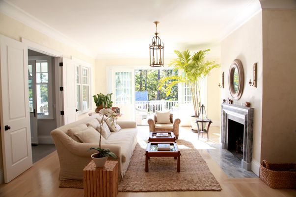 Fireplace, Interior, Living room, Pendant Lights, Wood Texture Flooring