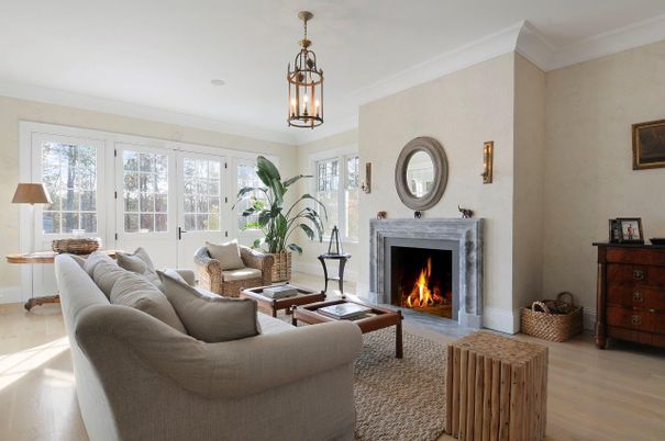 Fireplace, Interior, Living room, Pendant Lights, Wood Texture Flooring