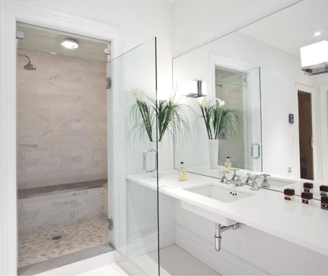 Bathroom, Glass Shower, Interior, Marble Walls, Recessed Lighting
